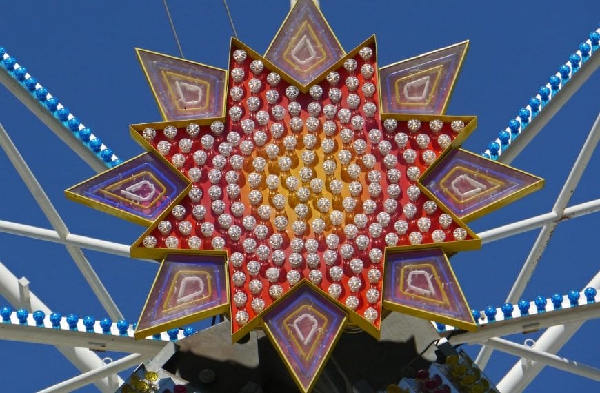 ferris wheel, central axis, star, hub, lights, multicoloured, folk festival, hype, fair, ride, carousel, colorful, deco, light, lighting
